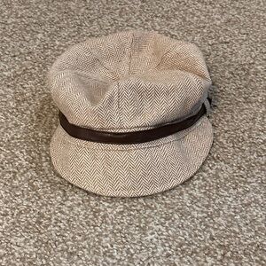 August Hats Beige Herringbone Baker Boy Cap with Brown Band